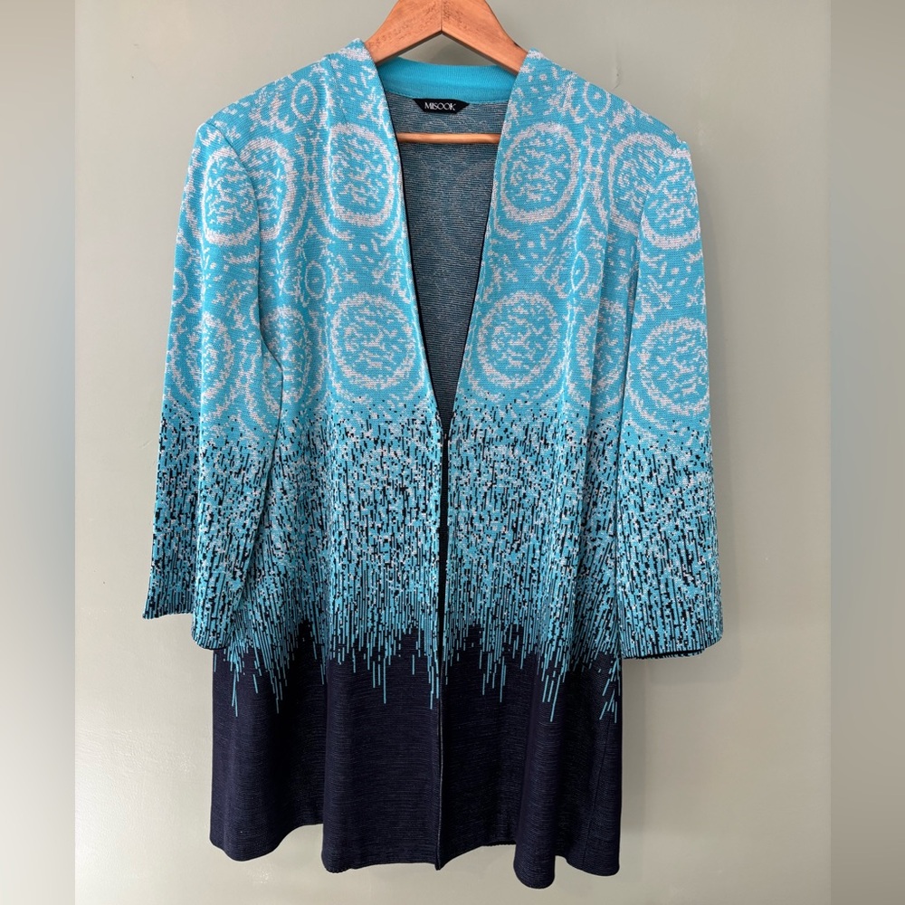 XL Misook Blue Sparkle Detail Office Jacket Knit Sweater Long Cardigan
